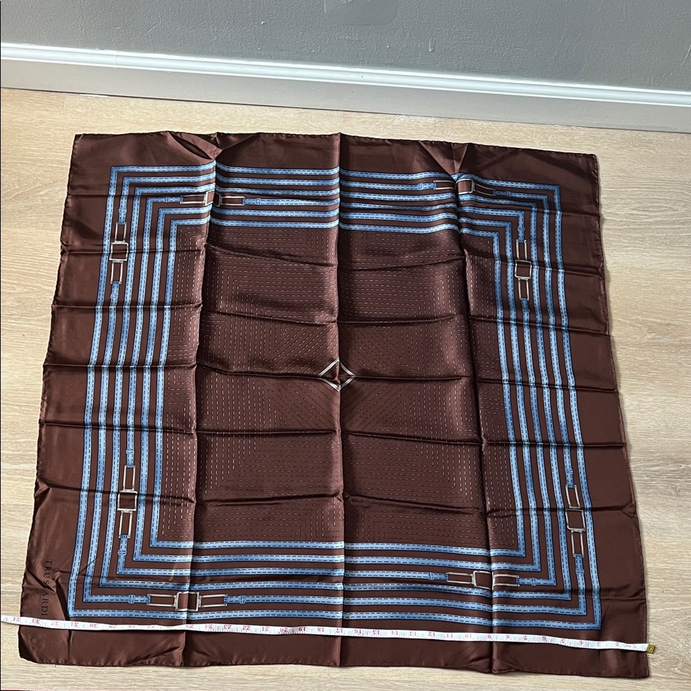 Trussardi Brown and Blue Elegant 100% silk Scarf - Picture 6 of 7
